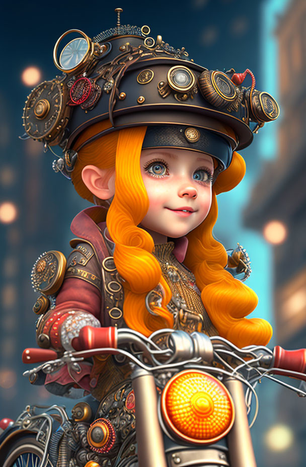 Steampunk-themed digital art: girl with orange hair on bike