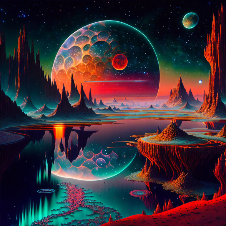 Colorful sci-fi landscape with spiky formations, reflective lake, moon, red planet, and