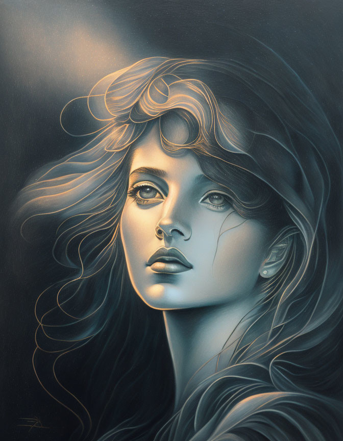 Monochromatic digital painting of a woman with flowing hair and subtle expression