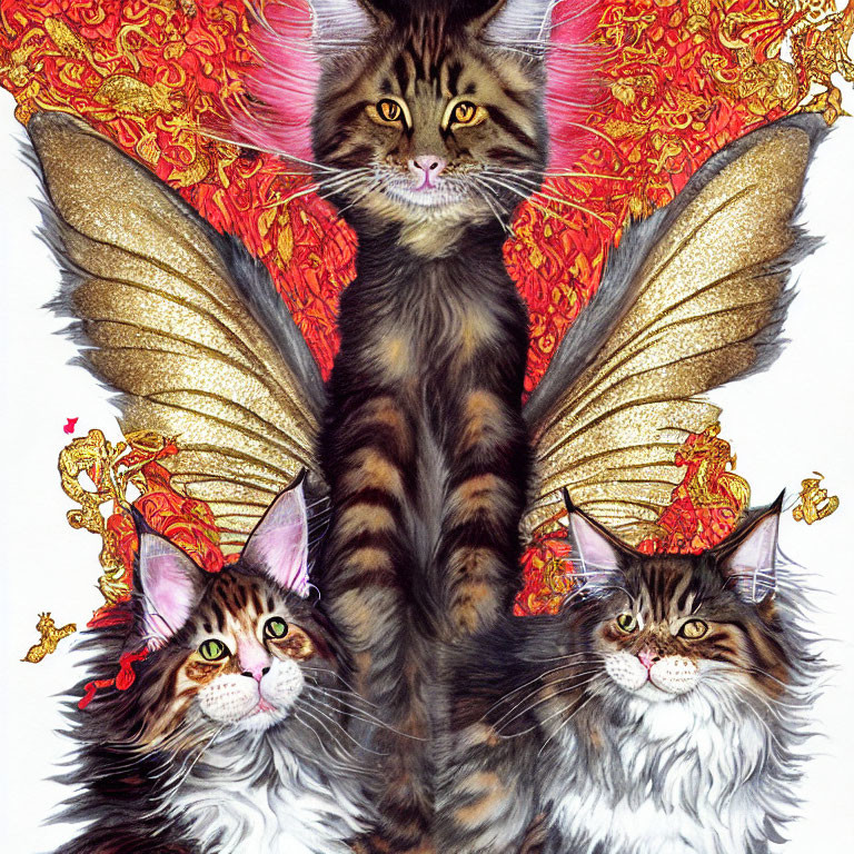 Three cats with butterfly wings in whimsical illustration