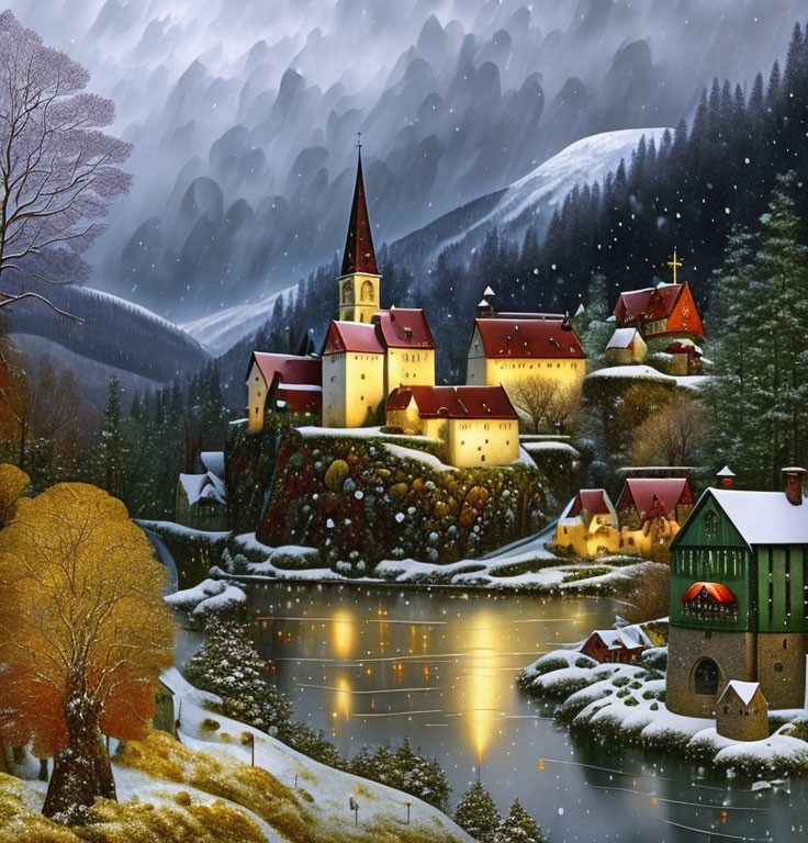 Snowy Mountain Village with Illuminated Houses by Serene River