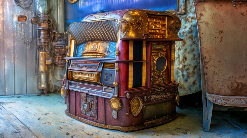 Intricately designed vintage jukebox with golden accents in rustic room with blue lighting
