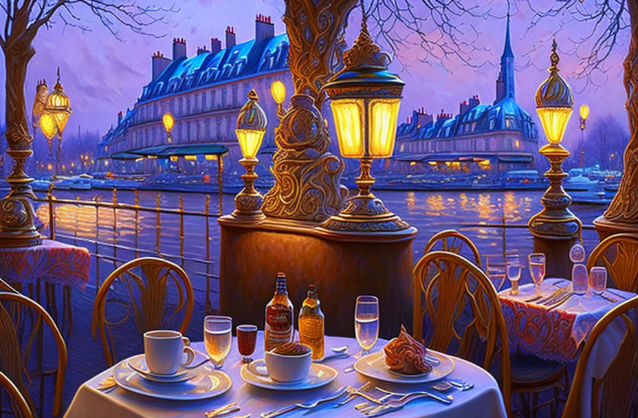 Parisian Riverside Café with Ornate Lamp Post and Notre-Dame in the Distance