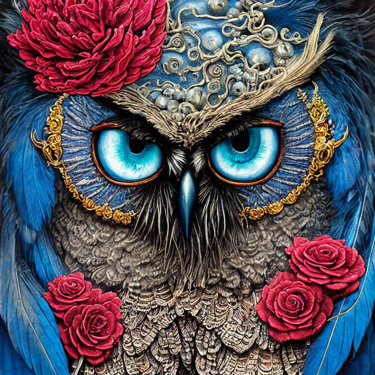 Detailed artwork: Owl with blue feathers, gold accents, blue eyes, and red roses.