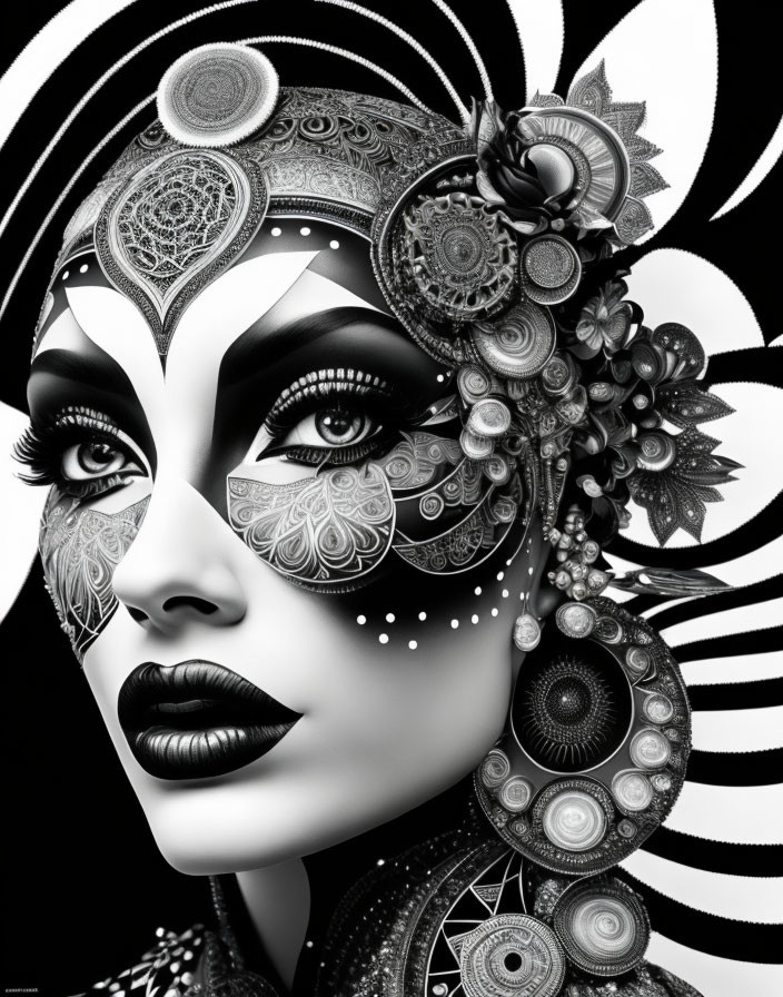 Monochrome portrait of woman with ornate patterns, intricate headgear, and bold makeup