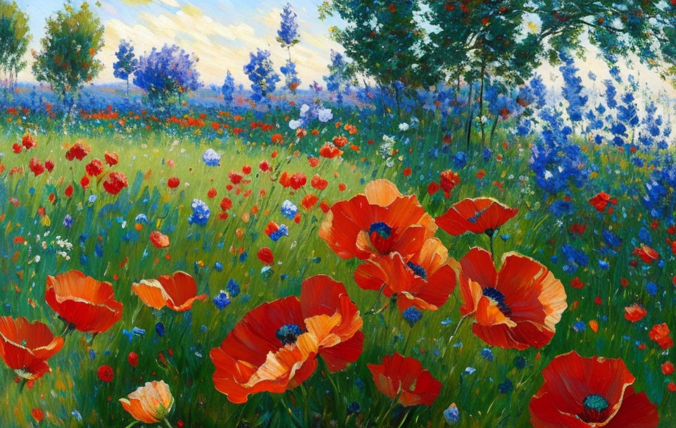 Colorful wildflower oil painting with red poppies under blue sky