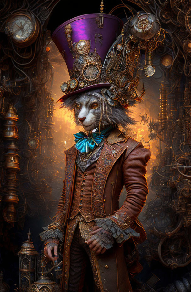 Steampunk-themed anthropomorphic lion in top hat with gears, against mechanical backdrop