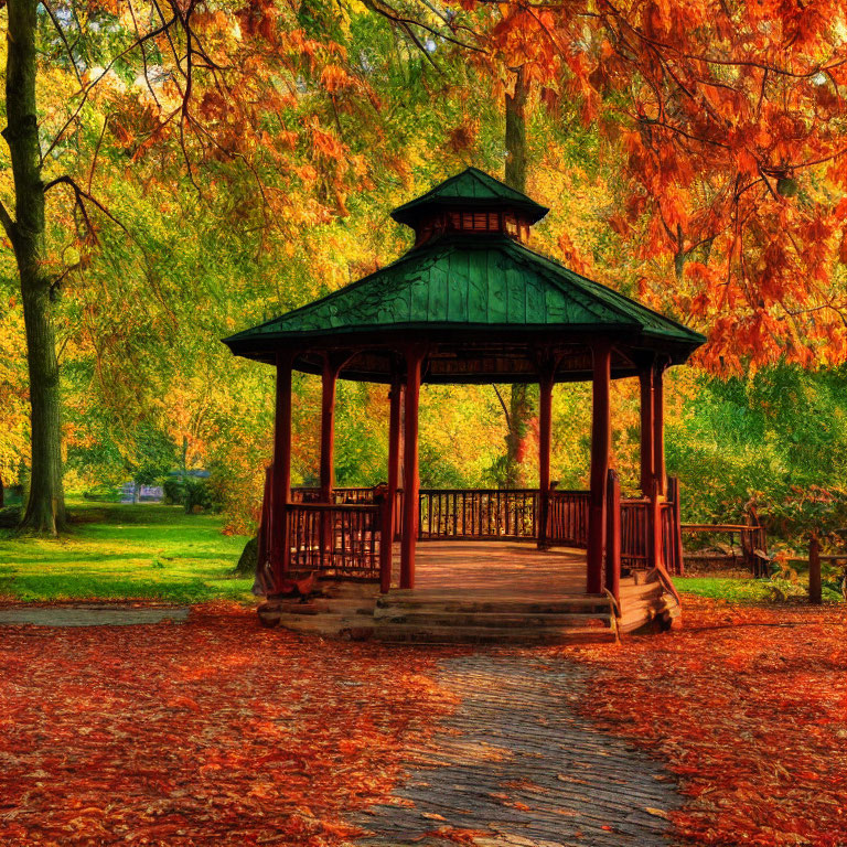 Autumnal wooden gazebo in serene park with vibrant foliage