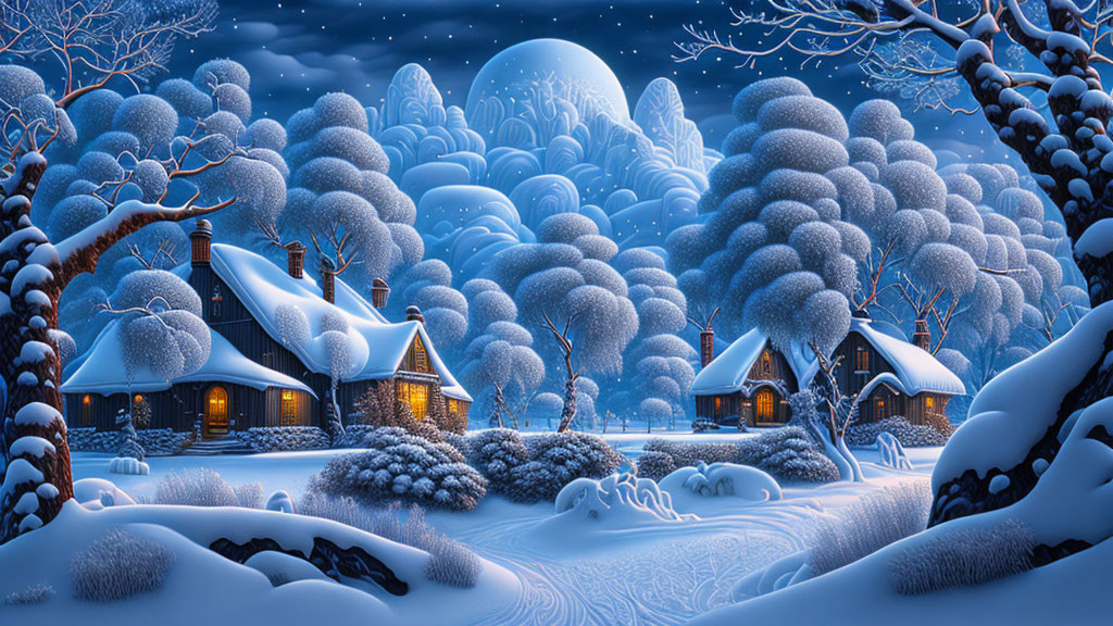 Winter Night Scene: Snowy Cottages, Moonlit Trees