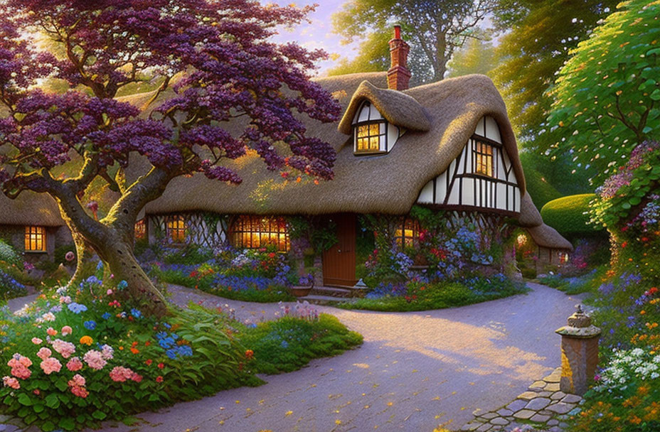 Thatched-Roof Cottage Surrounded by Gardens at Dusk