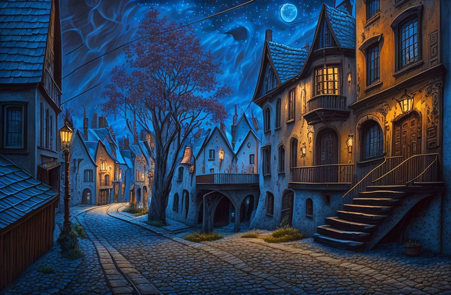 Fantasy cobblestone street scene with glowing windows