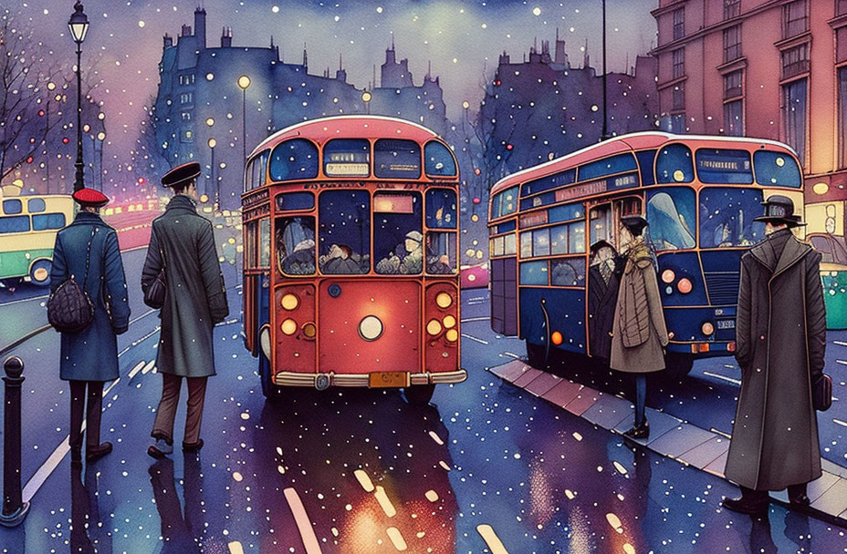 Vintage buses, pedestrians, and snowfall in evening city scene