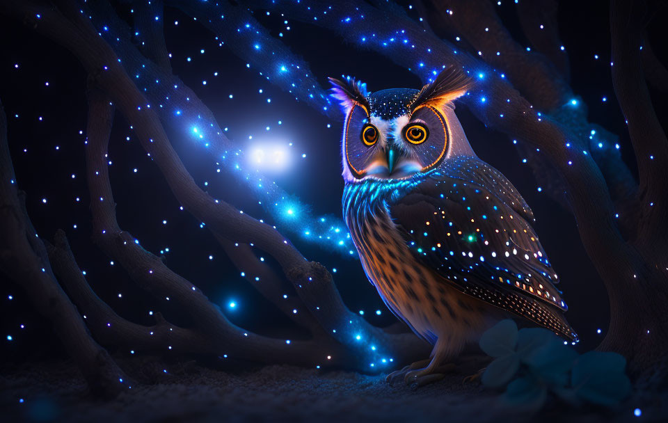 Mystical owl with glowing eyes and star-like feathers among blue flowers and twinkling lights