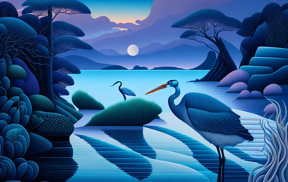 Serene moonlit lake landscape with herons and lush foliage