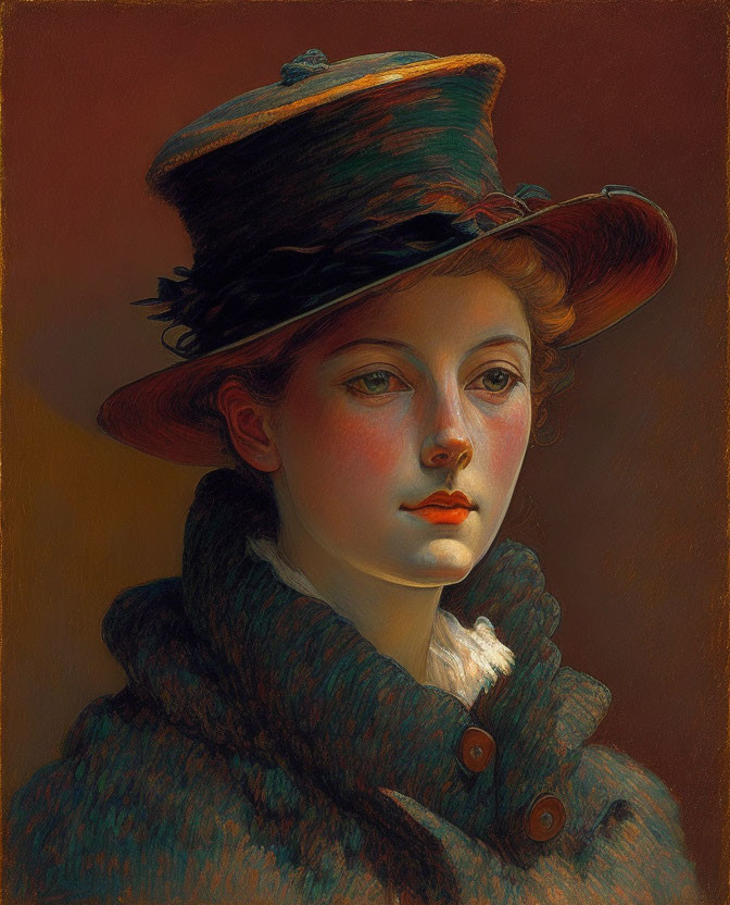 Young woman with fair skin and red hair in wide-brimmed hat and fur-trimmed coat