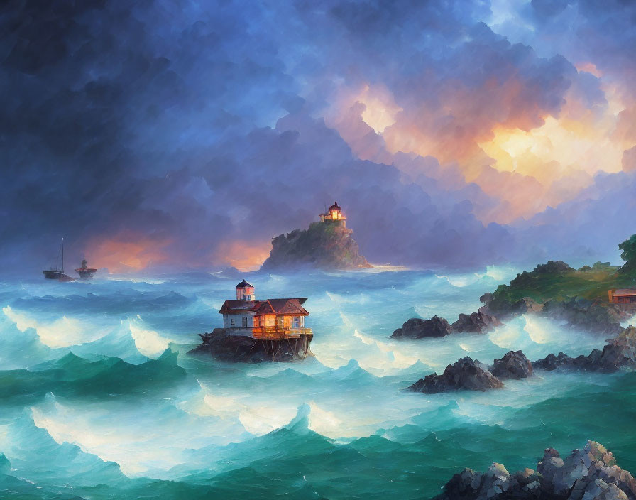 Stormy Sea with Lighthouse, House on Stilts, and Boat in Distance