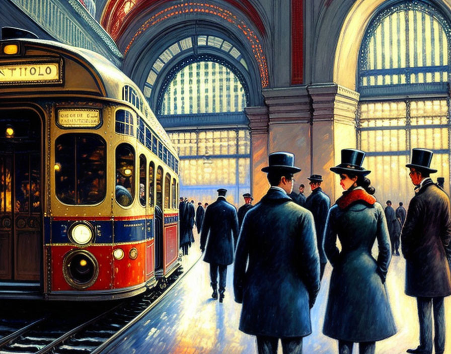 Vintage Tram and Elegant People in Grand Station with Arched Windows