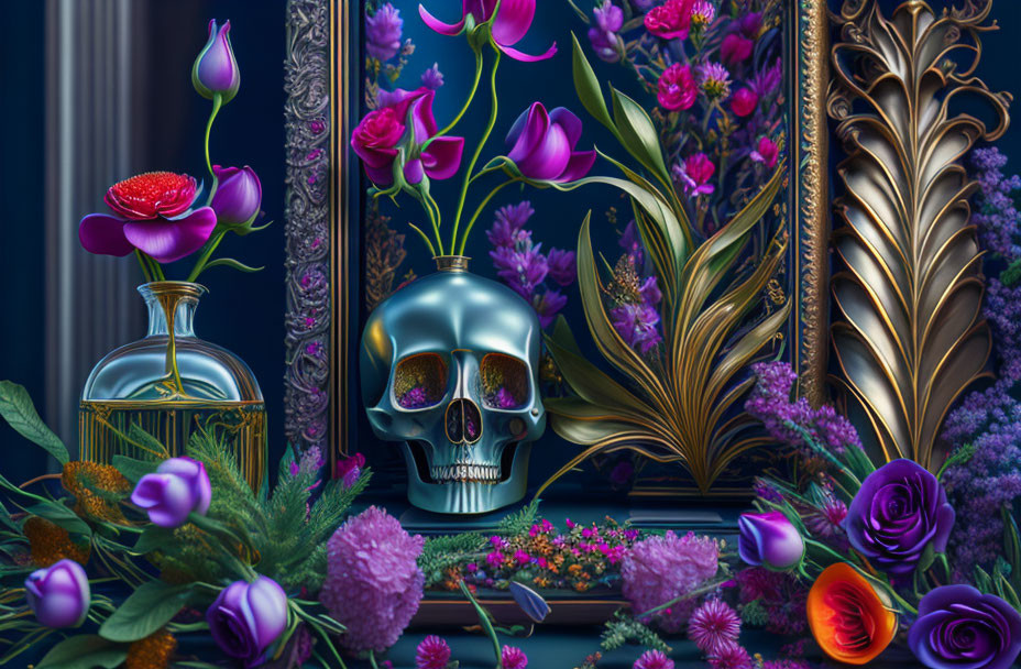 Colorful Still Life: Metallic Blue Skull, Purple and Pink Flowers, Golden Mirror