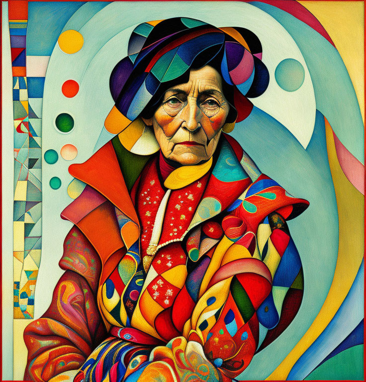 Colorful painting of elderly woman in patterned shawl on abstract background