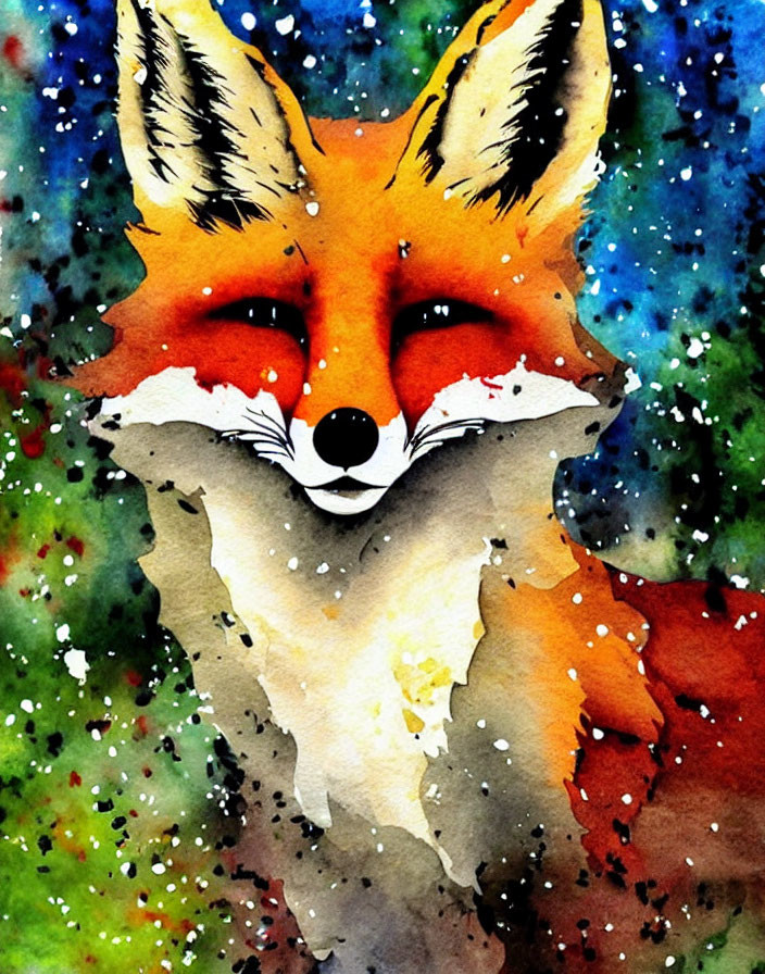 Detailed Watercolor Painting of Fox Against Cosmic Background