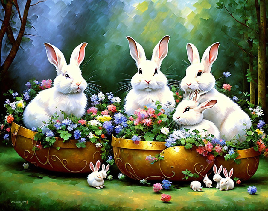 White and Gold Rabbits with Colorful Flowers in Bowls