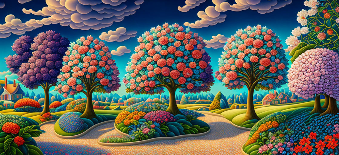 Colorful Landscape with Whimsical Trees, Patterned Hills, and Surreal Sky