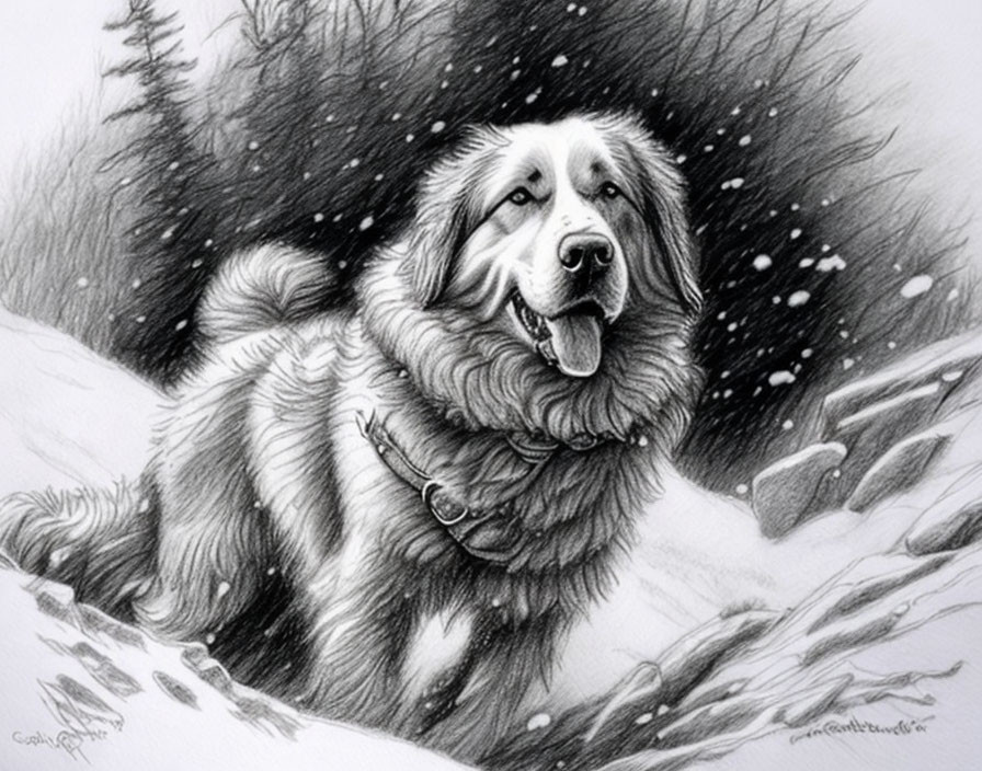 Fluffy dog sketch in snowy landscape with falling snowflakes