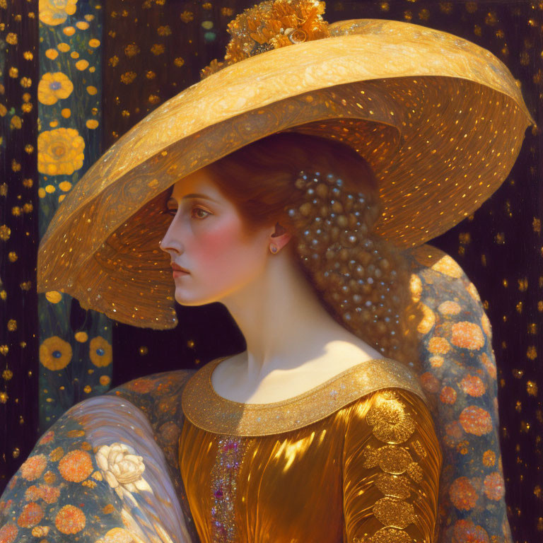 Woman in Golden Hat and Dress on Starry Floral Background