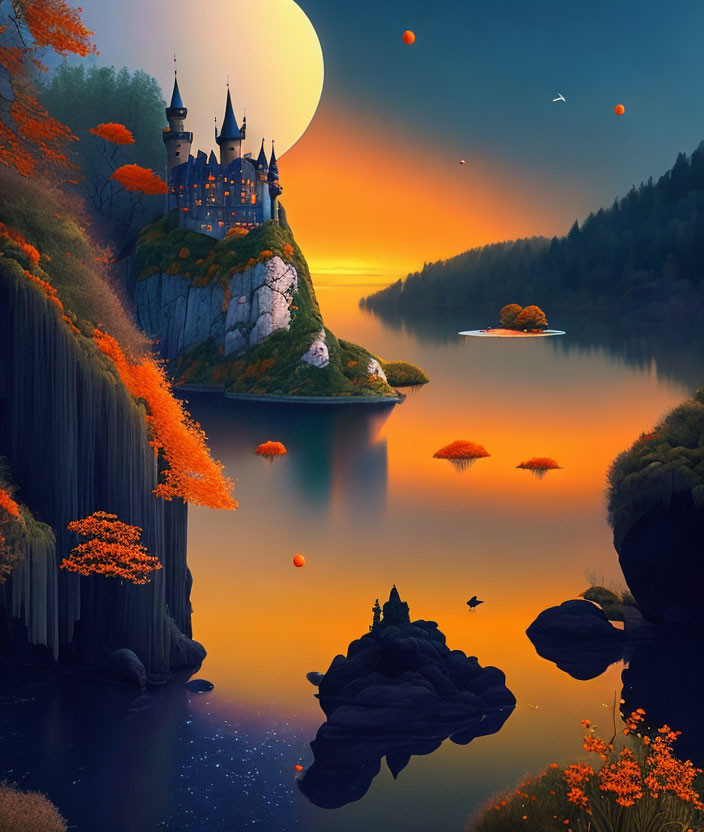 Enchanted fairytale castle on cliff under full moon in autumn scene