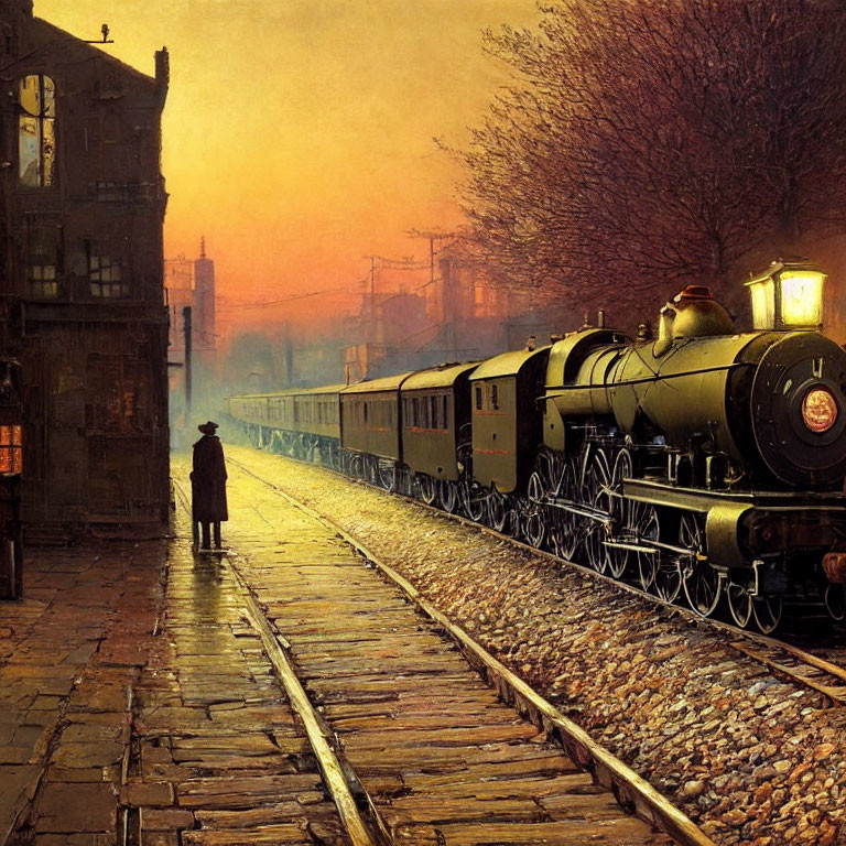 Vintage steam train arrives at dusk at station with lone figure - atmospheric scene