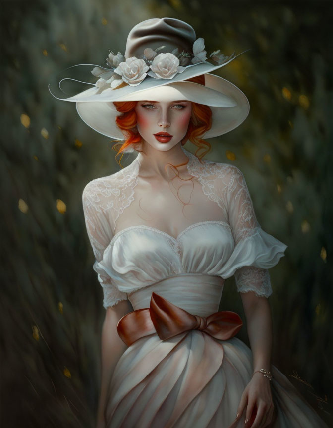 Red-haired woman in vintage white dress and floral hat against green backdrop