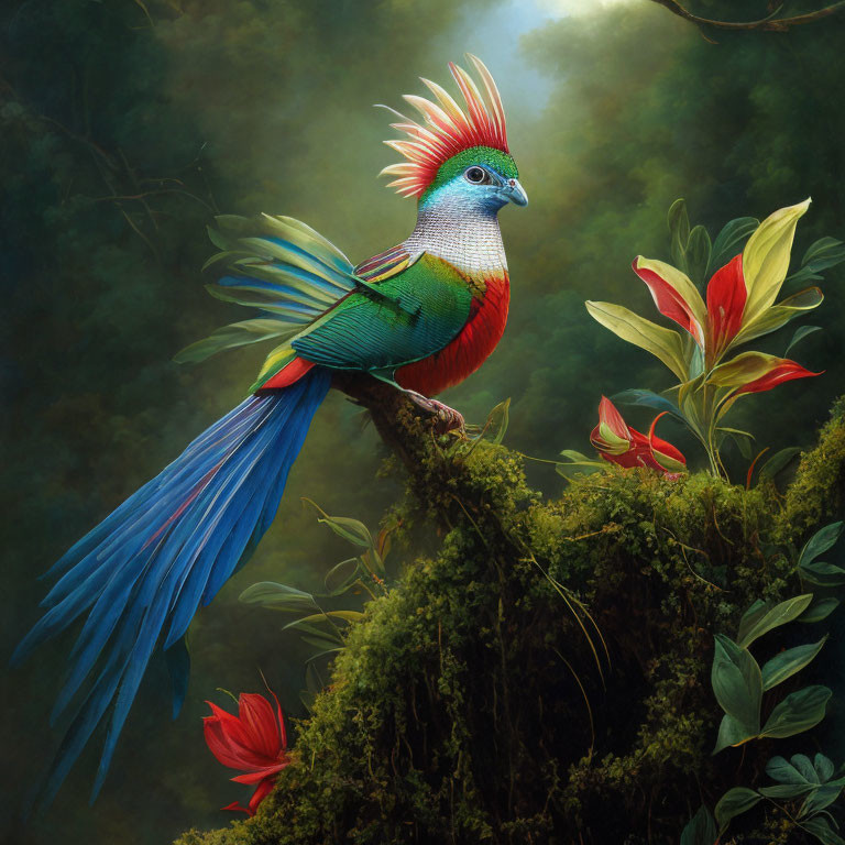 Colorful fantasy bird with red crest and blue tail in misty forest