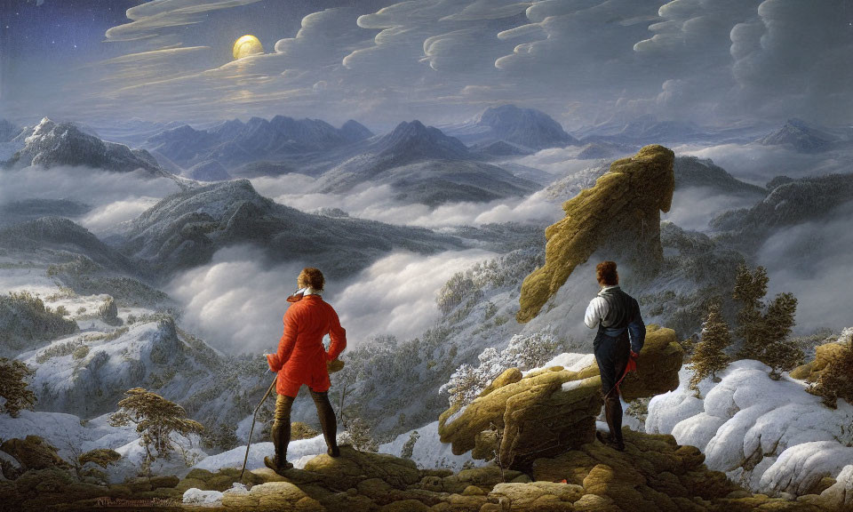 Two people on snowy peak, viewing moonlit mountain range.