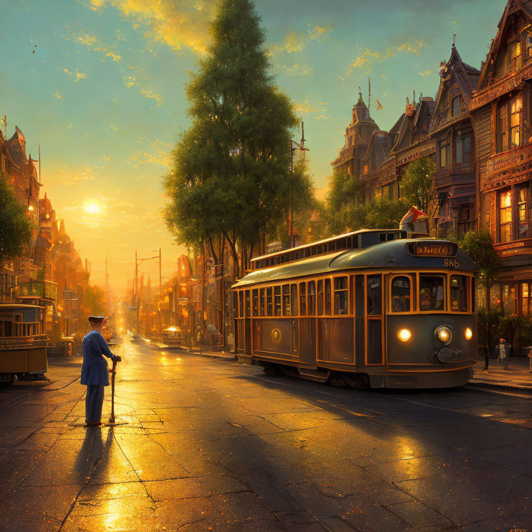 Vintage streetcar on sunlit cobblestone street with man in blue uniform.