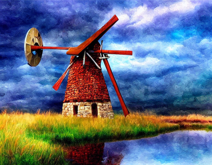 Traditional windmill near water under dramatic cloudy sky