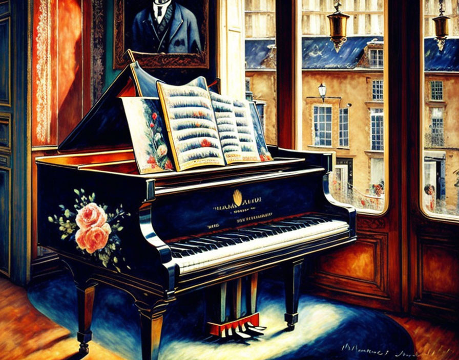 Vibrantly colored room with grand piano, formal painting, and Parisian view