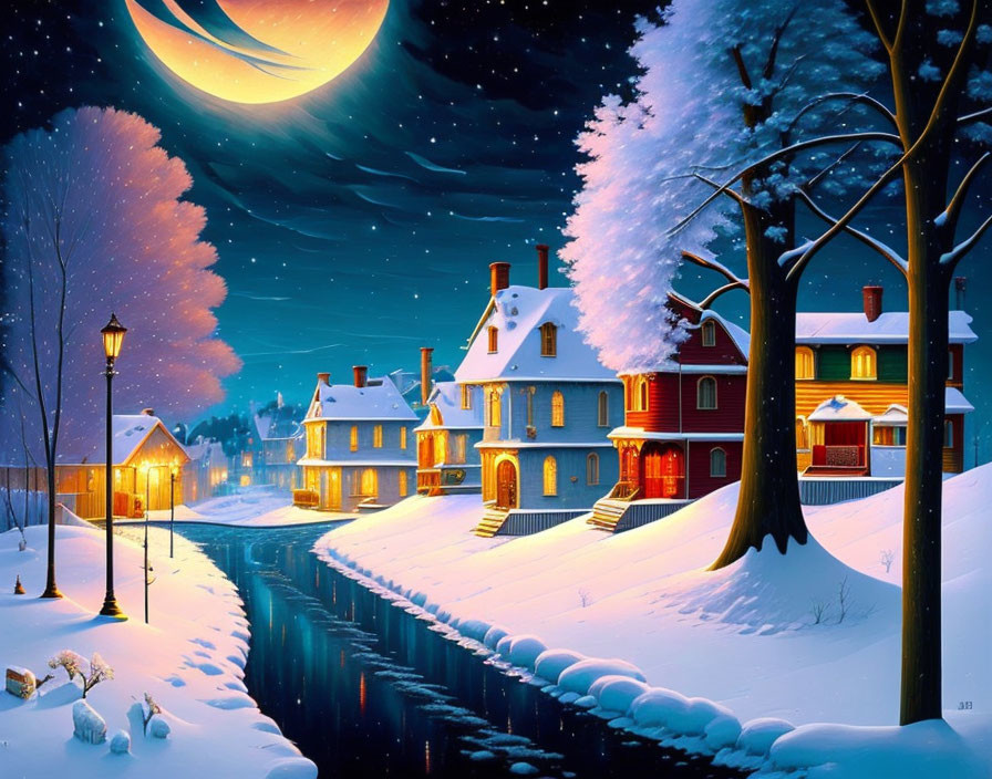 Snow-covered houses under crescent moonlight in a winter night scene.