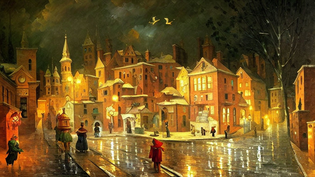 Rainy night cobblestone street scene with warm glowing lights and people walking under umbrellas