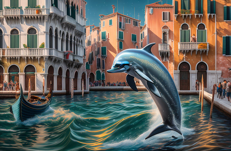 Dolphin leaping in Venetian canal with colorful buildings and gondolas