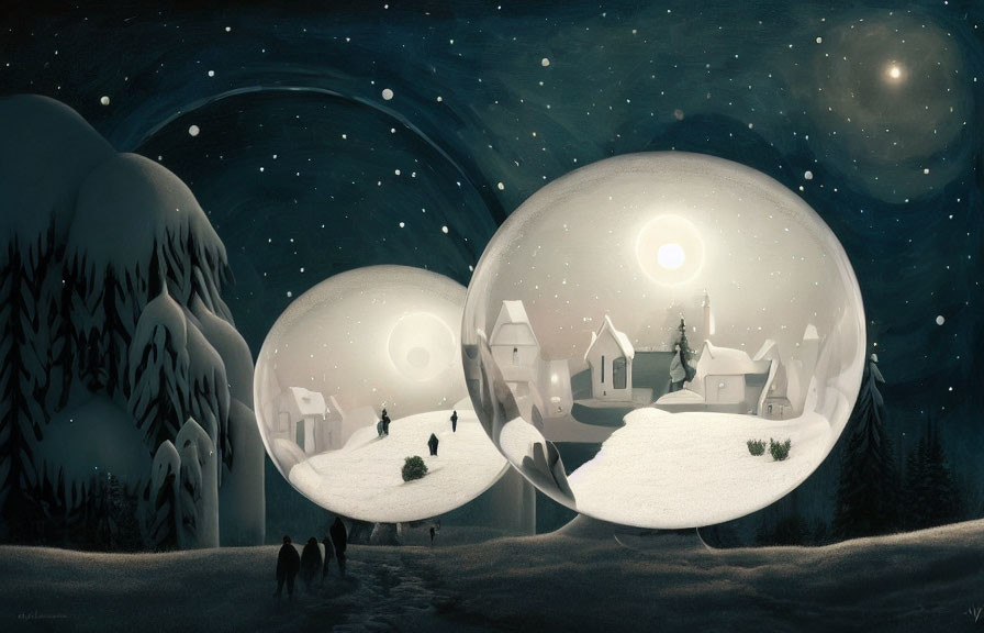 Snowy village in transparent bubbles under starry sky