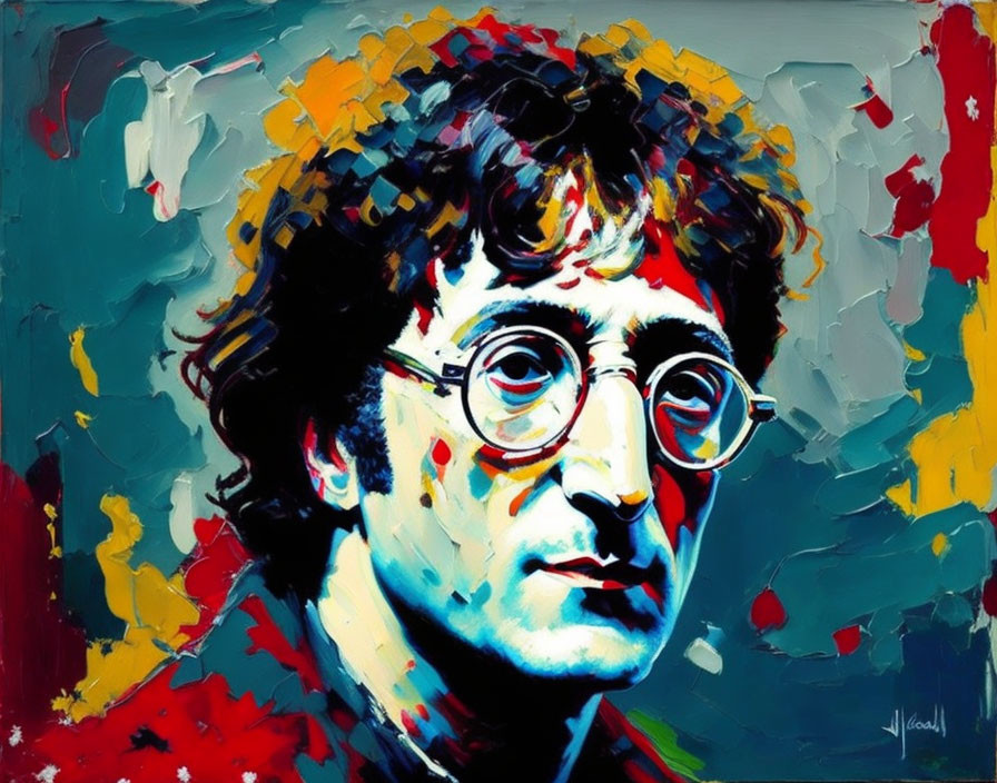 Vibrant portrait of bespectacled man with wavy hair in blues and reds