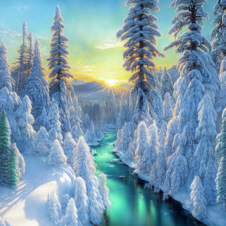 Winter forest landscape with river under sunrise and misty light rays