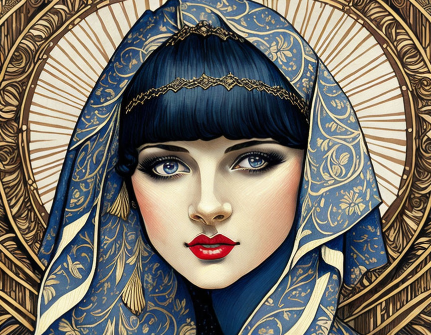 Woman with Blue and Gold Headscarf Illustration in Ornate Circular Setting