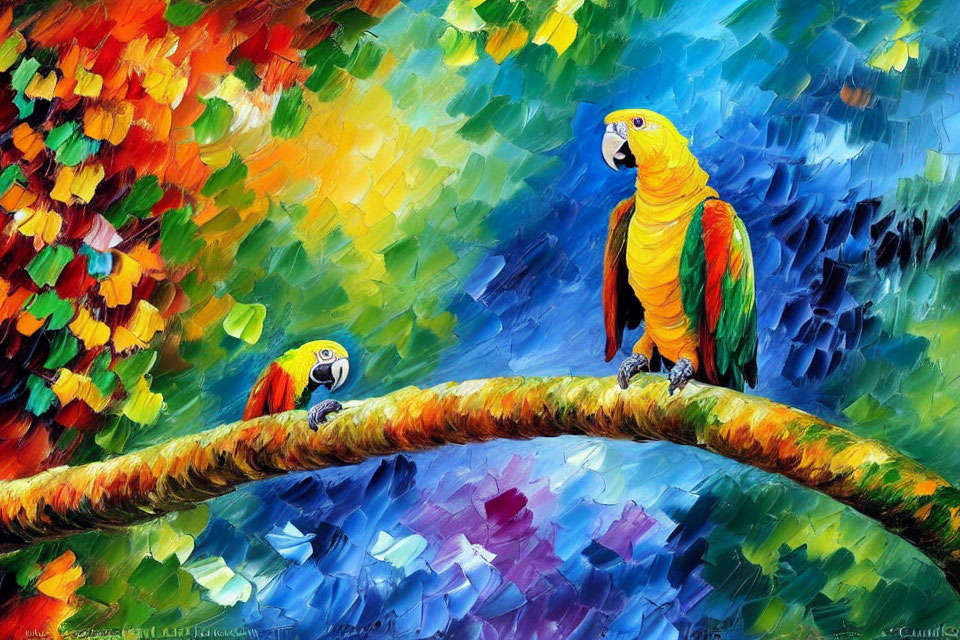 Colorful oil painting: two macaws on branch with dynamic, abstract background