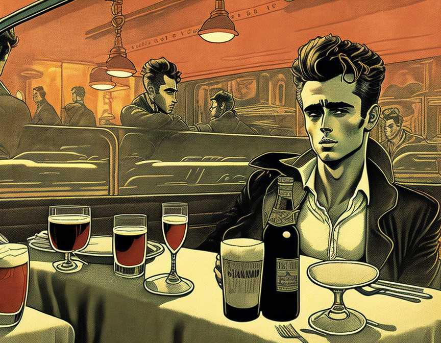 Pensive man in diner with beer, surrounded by patrons