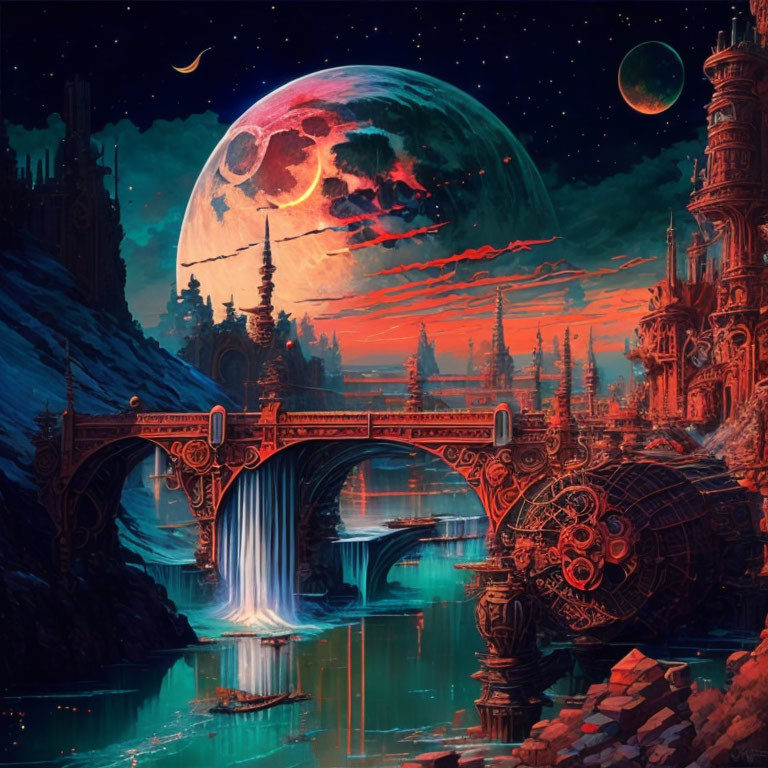 Fantastical scene: grand bridge, waterfall, celestial bodies, red and blue hues