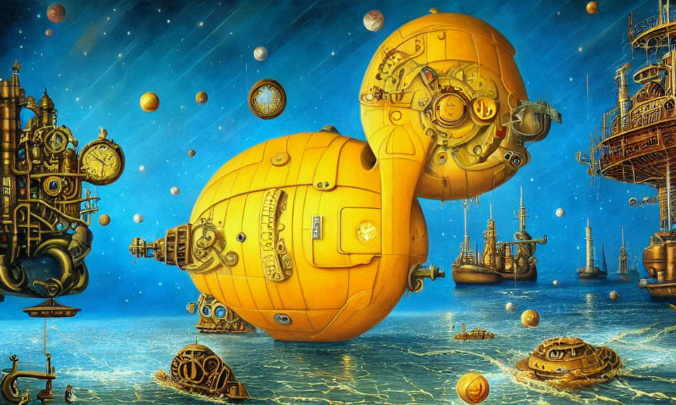 Steampunk-style artwork: Fantastical submarines above ocean