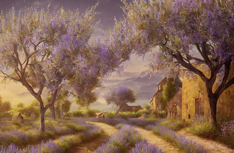 Tranquil landscape with lavender, olive trees, winding path, and rustic houses