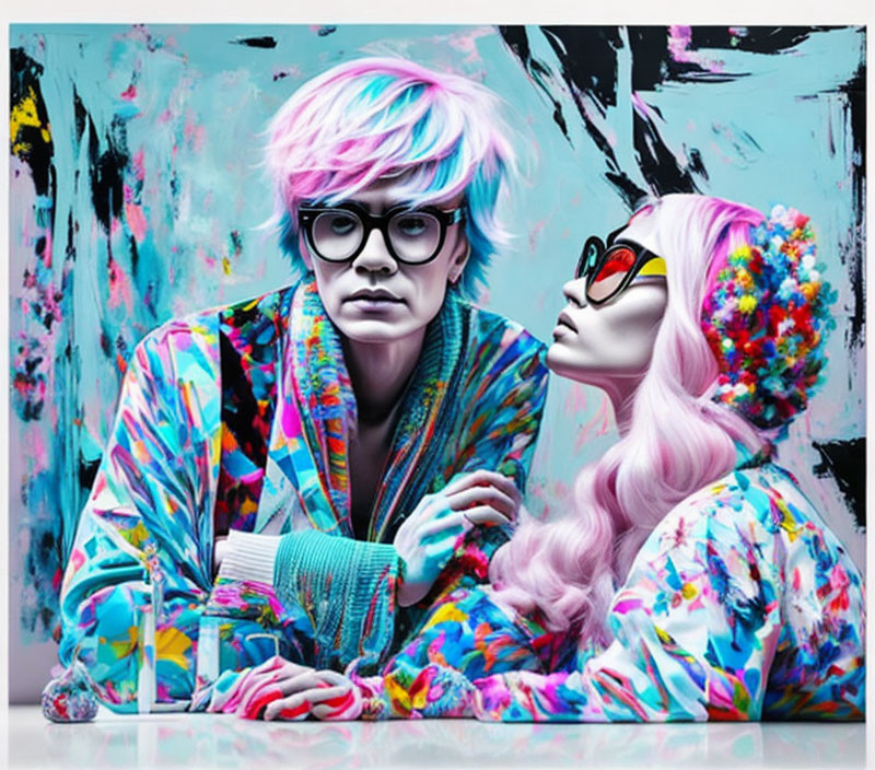 Two Pink-Haired Individuals in Colorful Outfits on Abstract Blue Background