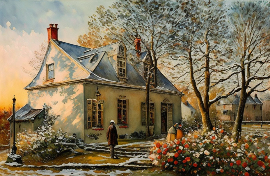 Snow-covered cottage, person with basket, vibrant flowers, barren trees in winter scene